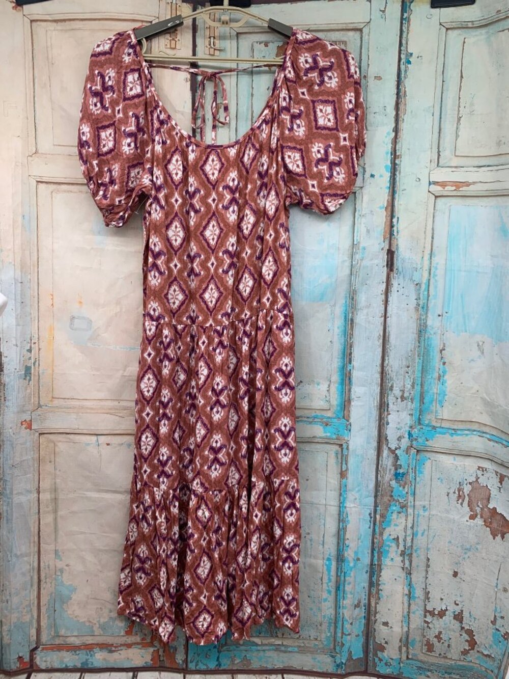 Knox Rose Womans M Cognac Midi Dress Balloon Sleeves Rayon Pockets NEW - Picture 1 of 10